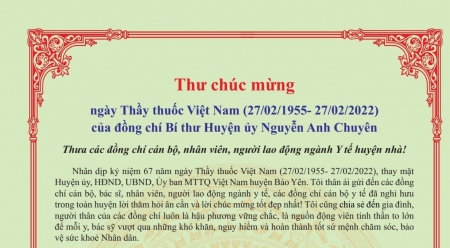 Bí thư Huyện ủy Nguyễn Anh Chuyên gửi Thư chúc mừng ngày Thầy thuốc Việt Nam 27/2