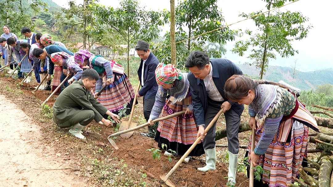 Đại biểu và Nhân tham gia trồng hoa tại tuyến đường bê tông xi măng thôn Tổng Kim, xã Vĩnh Yên